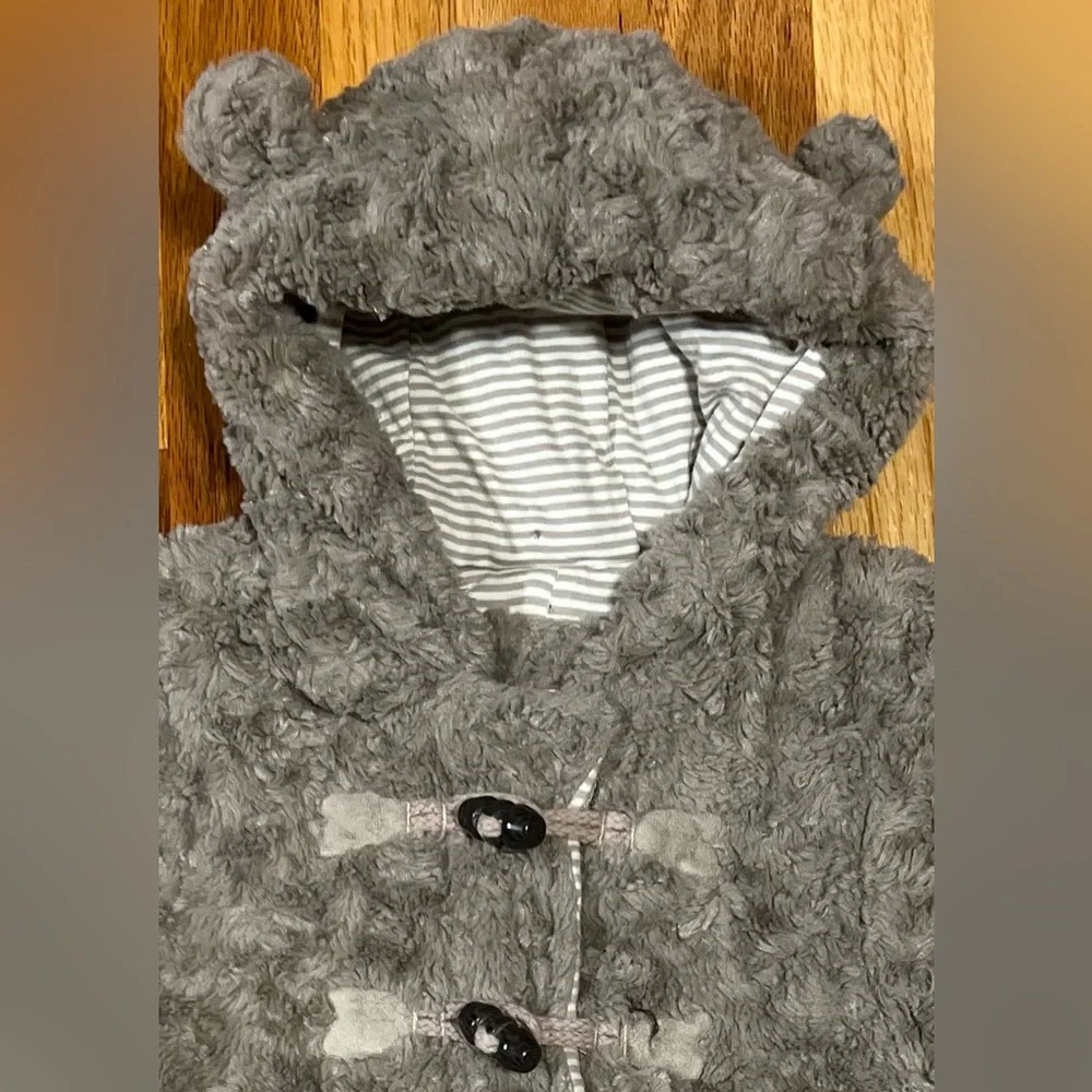 John Lewis UK Plush Bear Ears Hooded Pram Suit One Piece Gray Taupe 3-6 Months